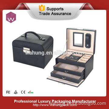 Black leather portable jewellery box with drawers (WH-0991)